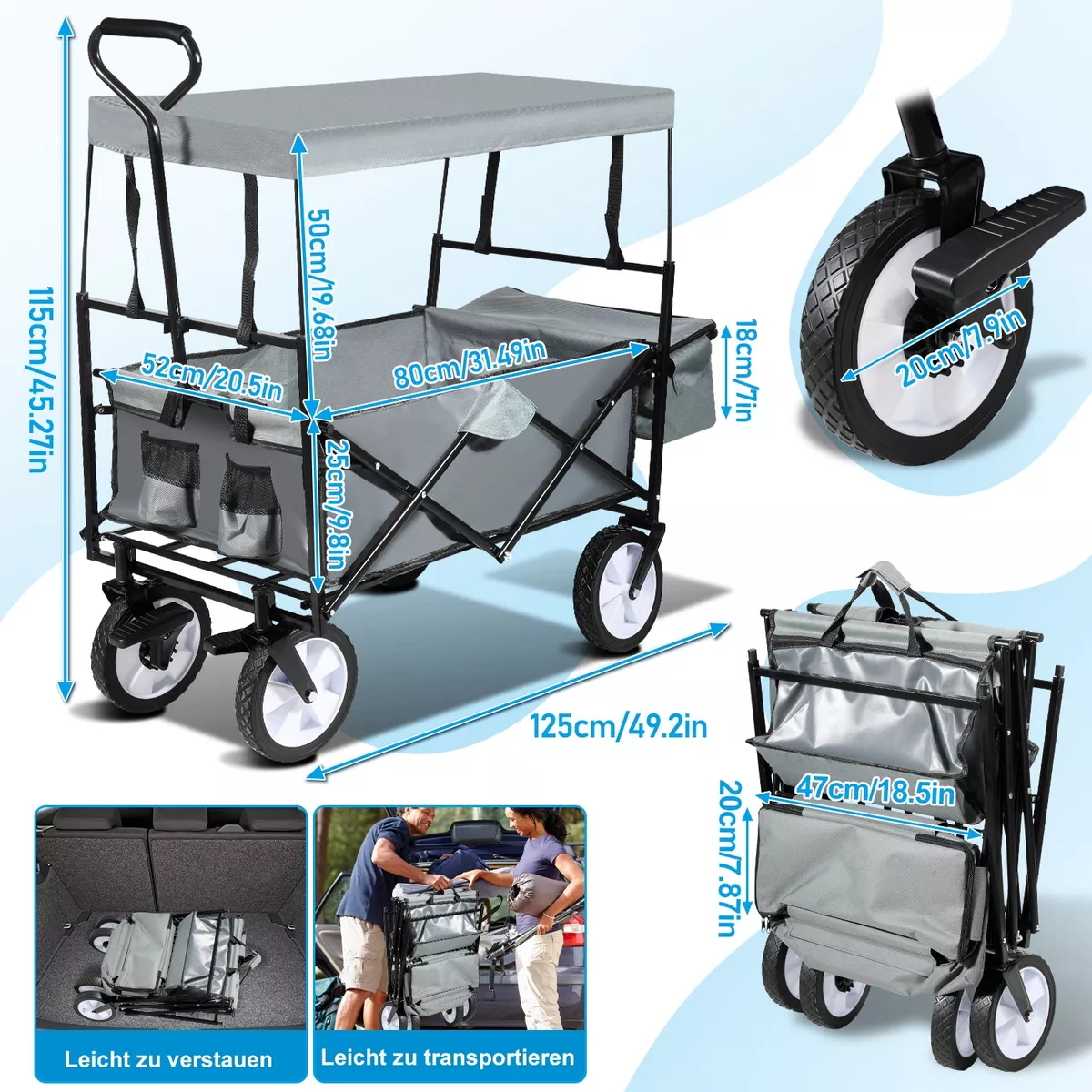 Carrito Vagón Plegable Techo Multiuso Camping Marco De Carga Gris