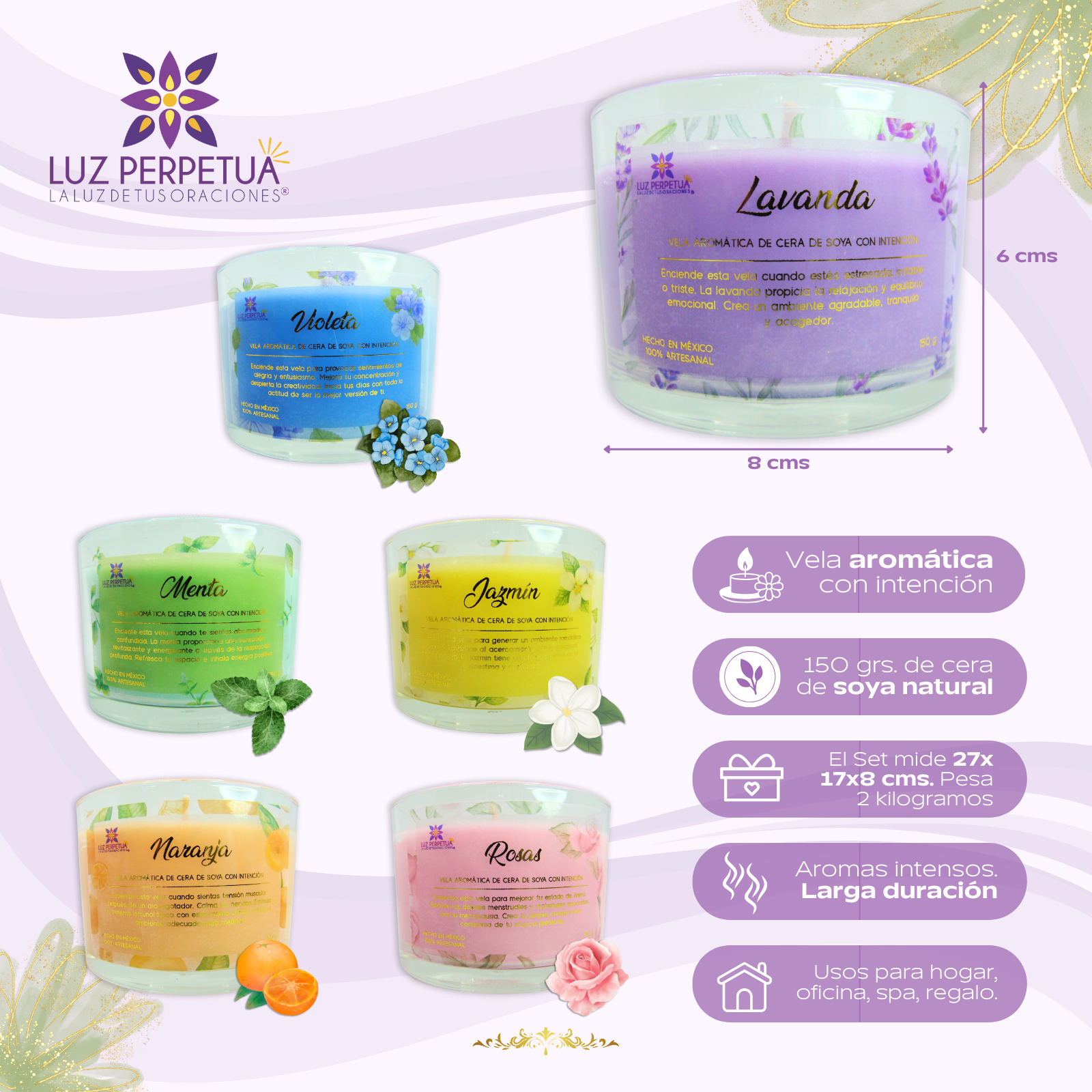 Set de 6 Velas Aromáticas. Estuche Premium de Velas Artesanales. Juego de Velas de Cera de Soya