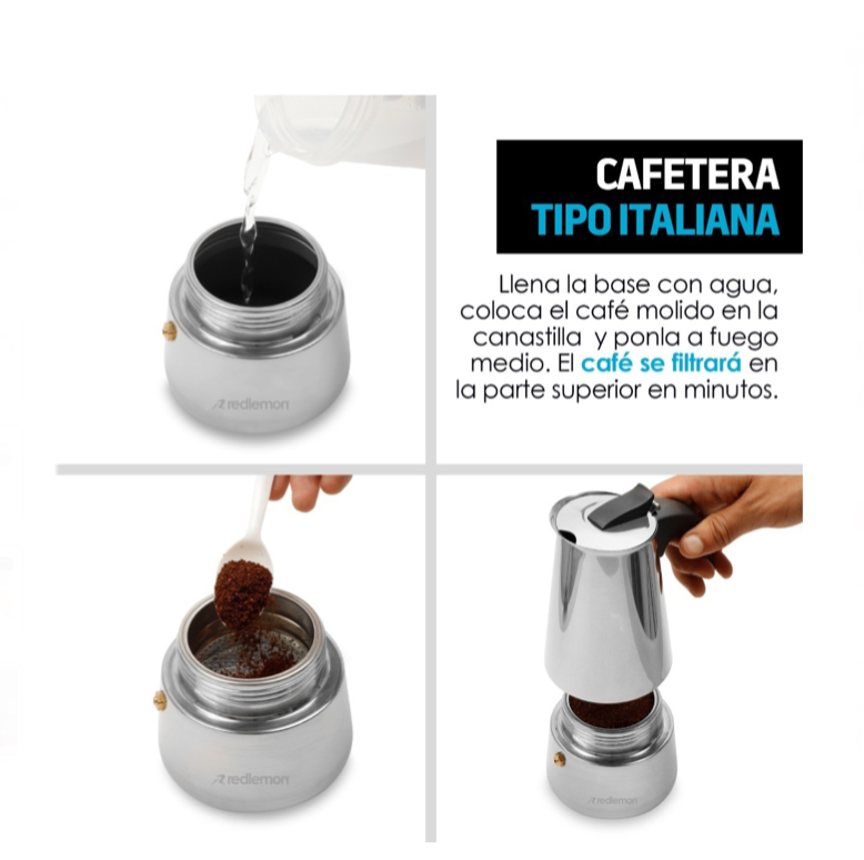 Cafetera Italiana de Acero Inoxidable tipo Moka para Café Espresso .