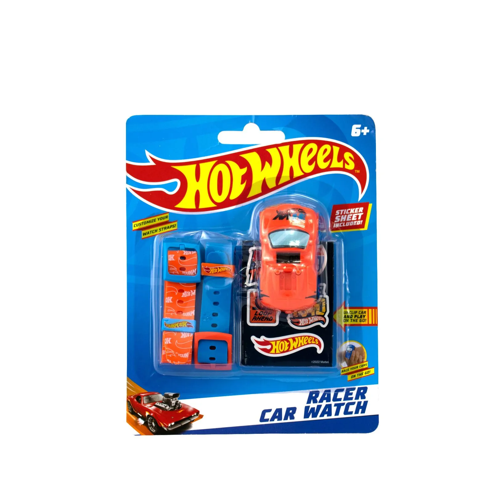 Hot Wheels Reloj de Juguete con Auto de Carreras, Incluye Correas y Stickers