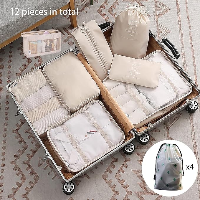 A Organizadores de Viaje para Maletas,12 en 1 Set de Organizador de Equipaje,Impermeable Organizador de Maleta, para Ropa Zapatos, Cosméticos de bolsas organizadoras de viaje.