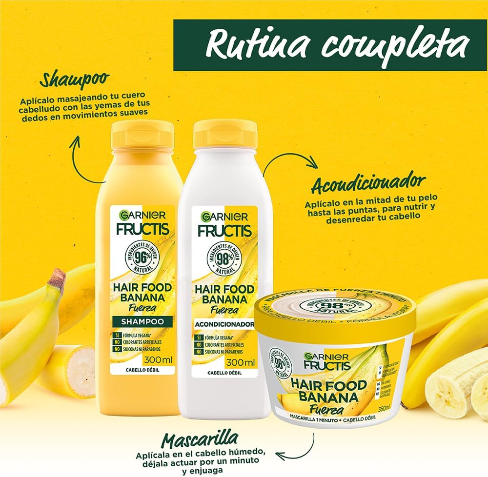 Garnier Fructis Hair Food Platano, Shampoo, Acondicionador, Mascarilla 3 Piezas