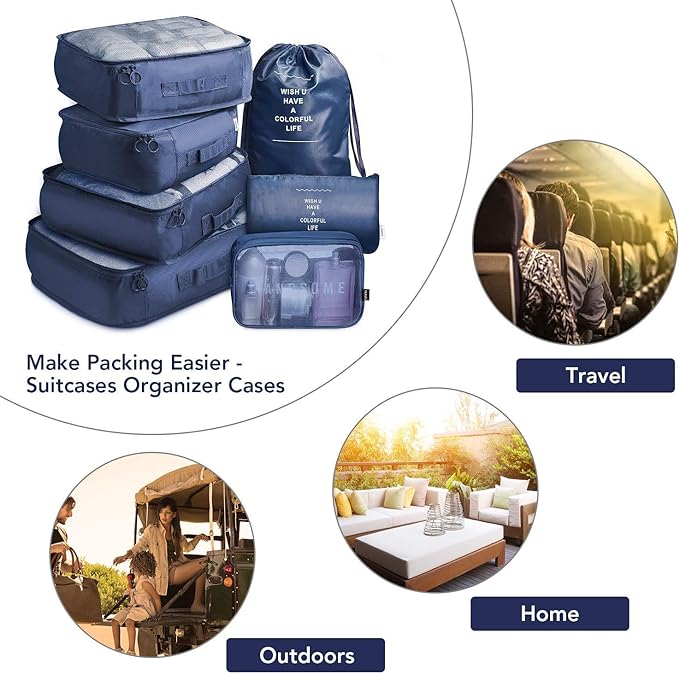A Organizadores de Viaje para Maletas, Bolsas de Equipaje Impermeable Cubos Embalaje de Viaje Bolsas de Almacenamiento para Ropa Zapatos, Cosméticos Accesorios (Azul oscuro)
