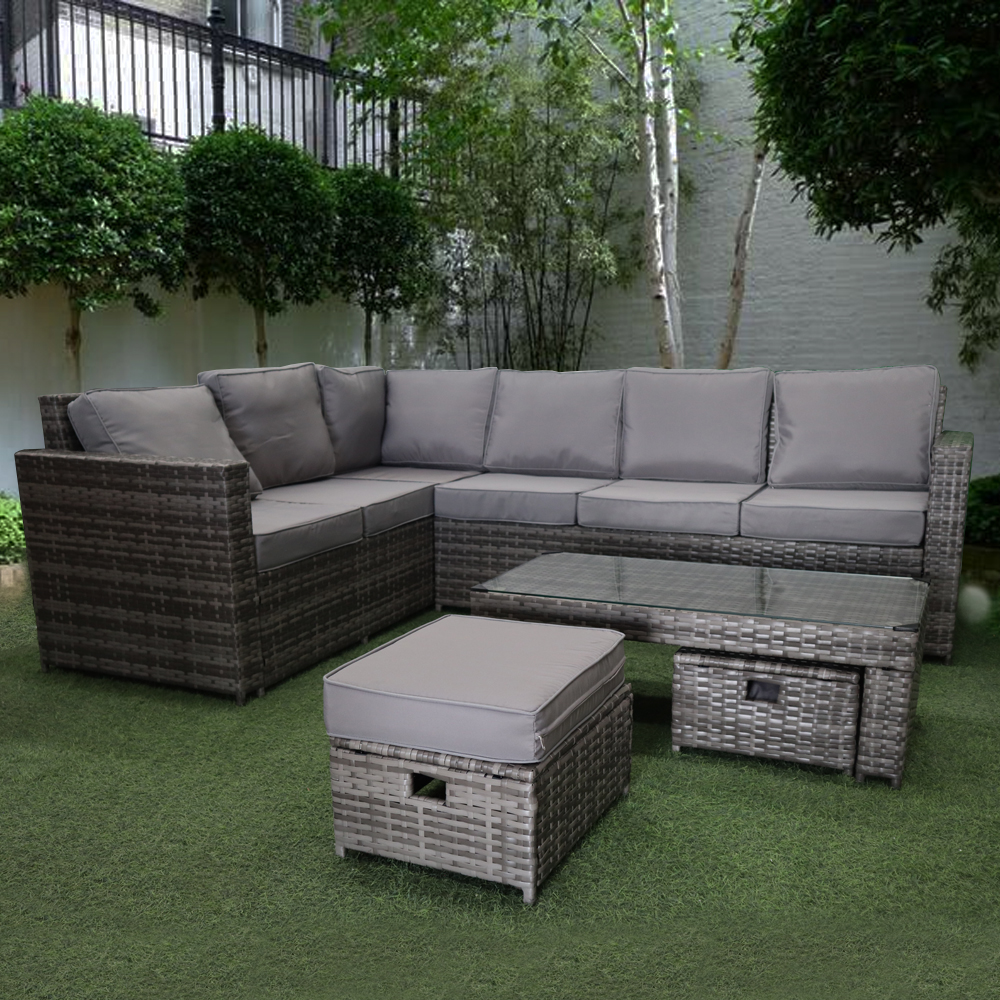 Sala para jardín esquinera juego de 5 Piezas Mesa de Cristal Templado Sofas de Mimbre sintético acojinados