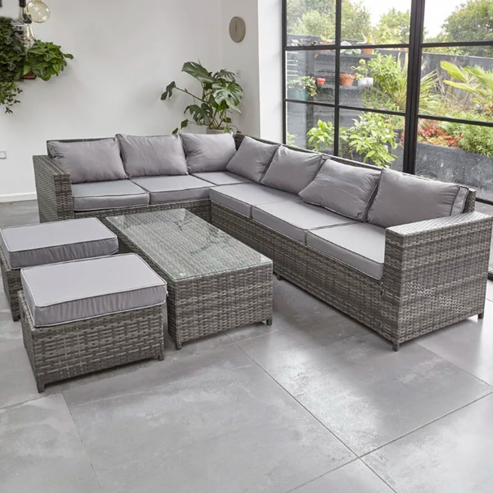 Sala para jardín esquinera juego de 5 Piezas Mesa de Cristal Templado Sofas de Mimbre sintético acojinados