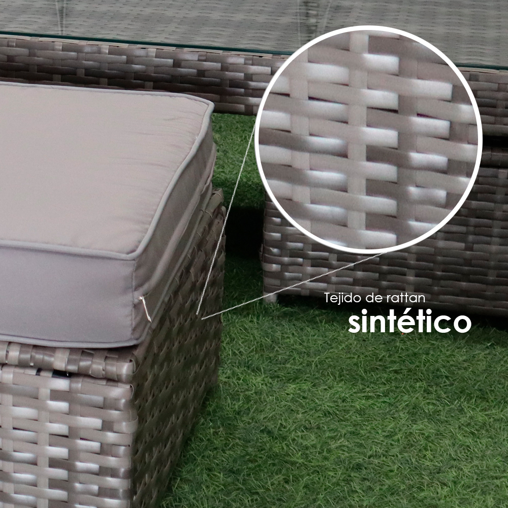 Sala para jardín esquinera juego de 5 Piezas Mesa de Cristal Templado Sofas de Mimbre sintético acojinados