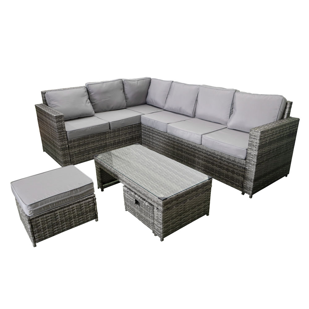 Sala para jardín esquinera juego de 5 Piezas Mesa de Cristal Templado Sofas de Mimbre sintético acojinados