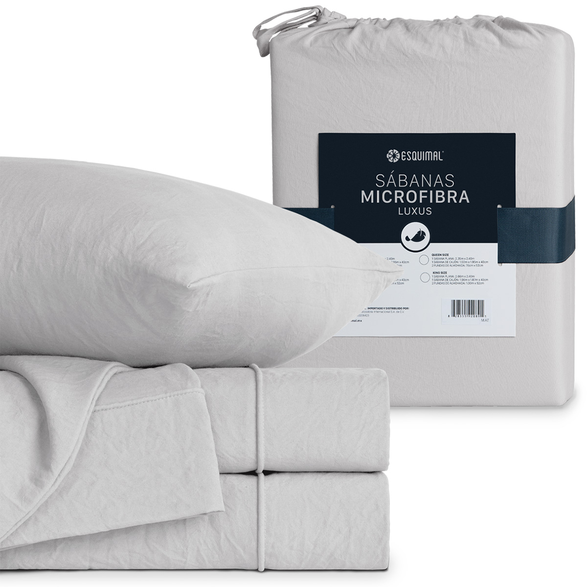 Juego de Sábanas Microfibra Ultra Suave con Acabado Prelavado Queen Size Gris Claro ESQUIMAL.