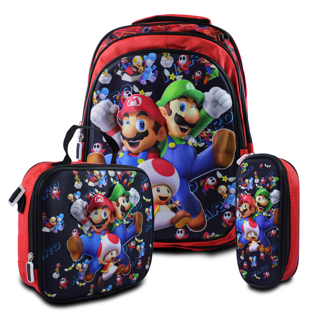 Kit Escolar Mochila Lonchera Y Lapicera De Mario Bross Para Ninos