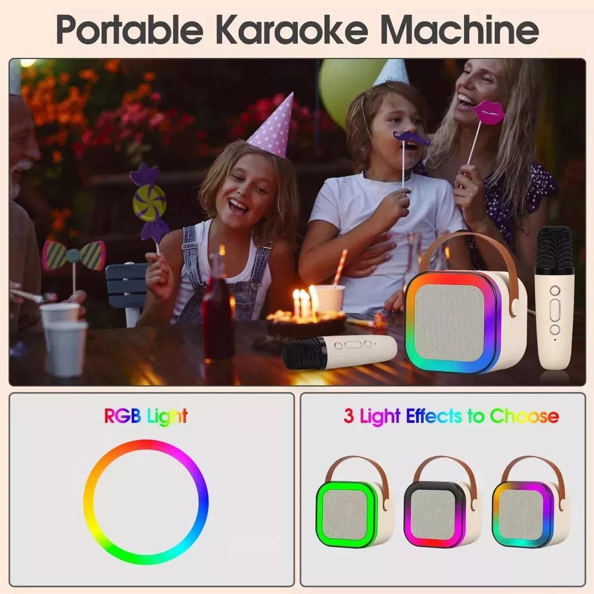 Mini Bocina Karaoke con Bluetooth y Micrófono Inalámbrico (Beige)