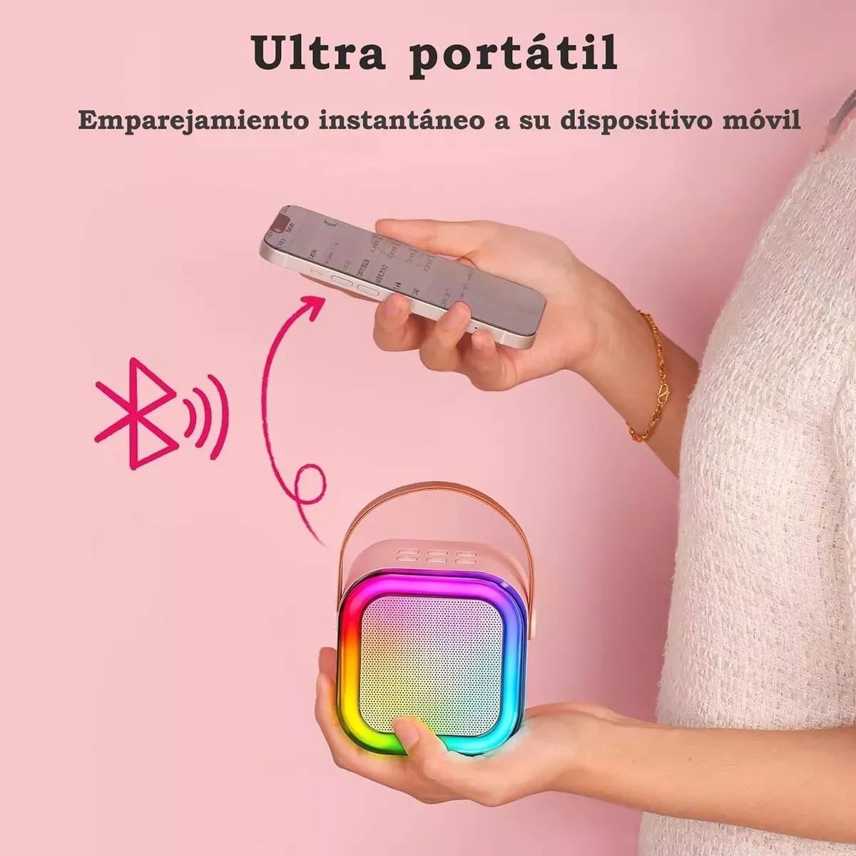 Mini Bocina Karaoke con Bluetooth y Micrófono Inalámbrico (Rosa)