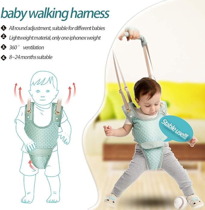 Arnés para Caminar Bebés 3 en 1 Arnes de Seguridad para Niños Infantil Halter Cinturón Anticaída Ajustable con Entrepierna Desmontable&Babero /Portátil Caminador para Bebés Levántate y Caminar Learning Helper Seguridad Funcional de 7 a 24 Meses (Azul).