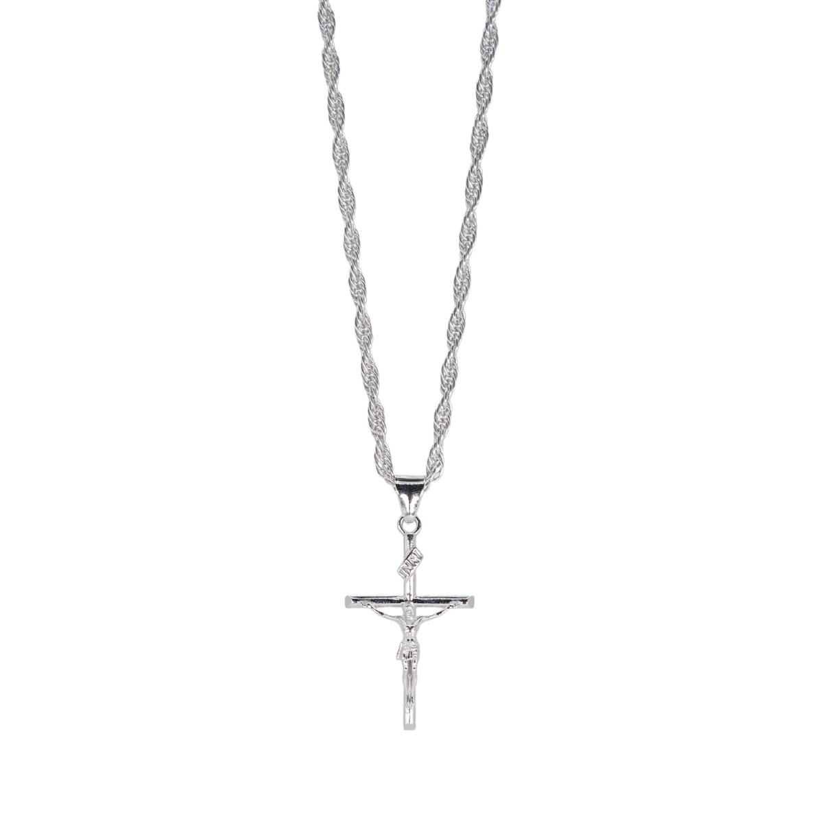 Cadena y Dije cruz de plata 925 Torzal de hombre con baño de rodio