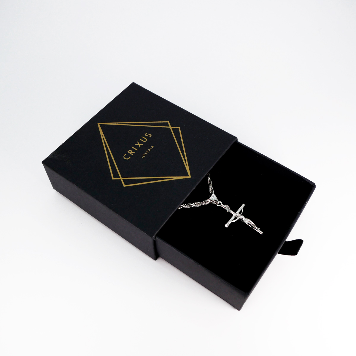 Cadena y Dije cruz de plata 925 Torzal de hombre con baño de rodio