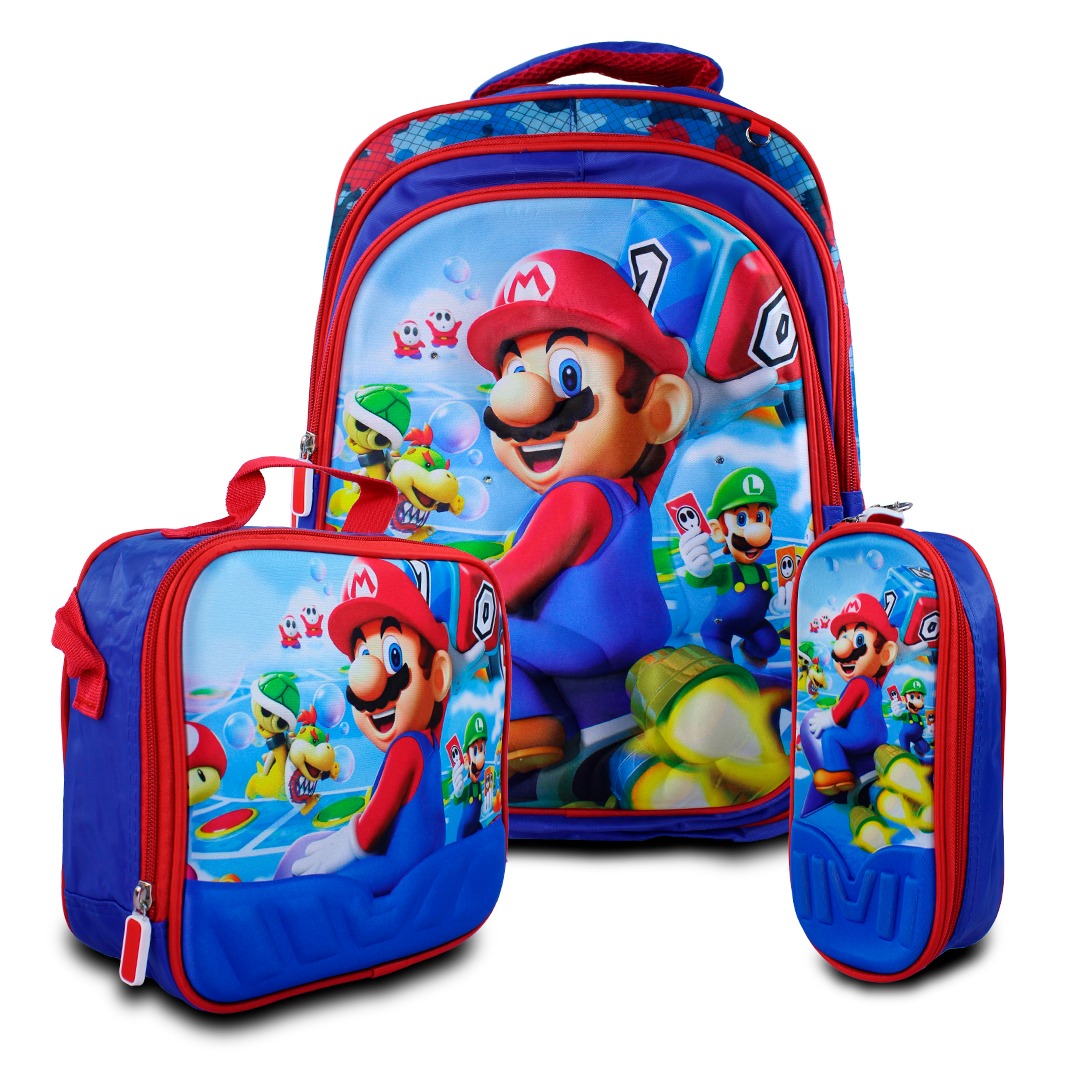 Kit Escolar Mochila Lonchera Y Lapicera De Mario Bross Azul Para Niños.