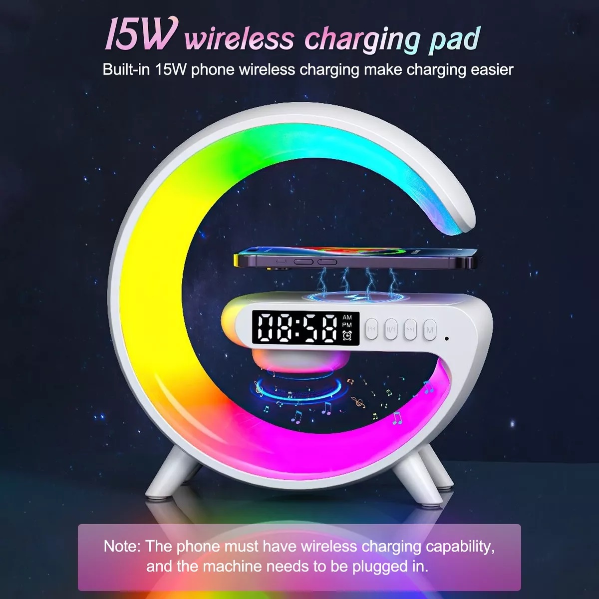 Lámpara de Mesa con Cargador Inalámbrico y Bocina Bluetooth (Negro)