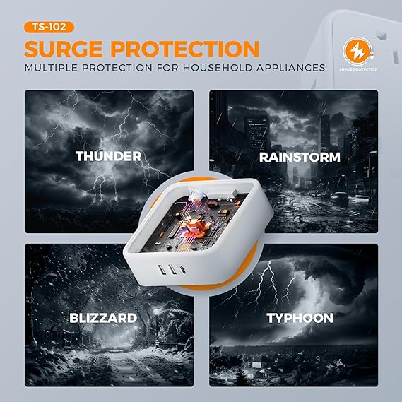 TESSAN Extension Electrica Enchufe Plano con Protector de sobretensión, Regleta Multicontacto Conector con 4 Salidas CA y 3 USB(1 USB C), Extensión Plana 1.5M para Hogar Oficina Dorm Travel Essentials