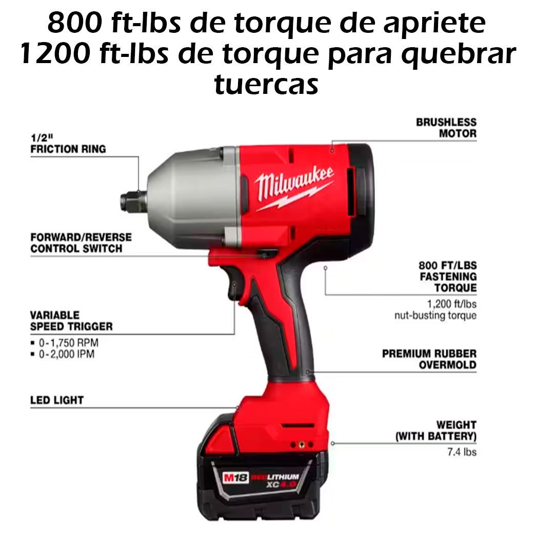 Llave De Impacto Milwaukee 1/2 Batería + Dados + Cargador 800 ft-lbs Par Alto