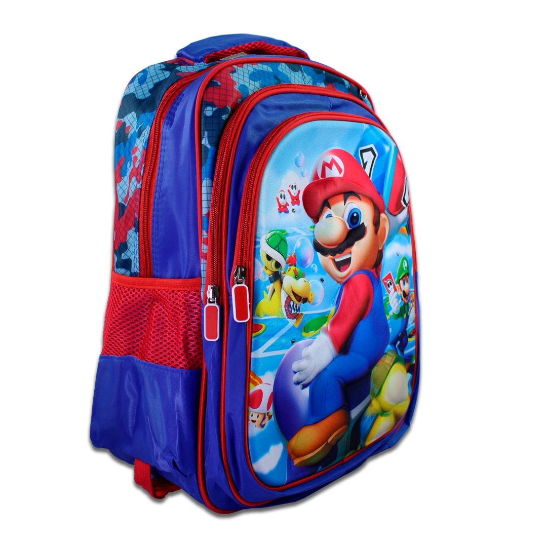 Kit Escolar Mochila Lonchera Y Lapicera De Mario Bross Azul Para Niños.