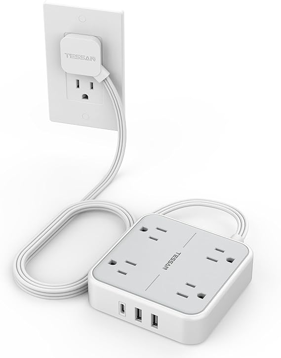 TESSAN Extension Electrica Enchufe Plano con Protector de sobretensión, Regleta Multicontacto Conector con 4 Salidas CA y 3 USB(1 USB C), Extensión Plana 1.5M para Hogar Oficina Dorm Travel Essentials