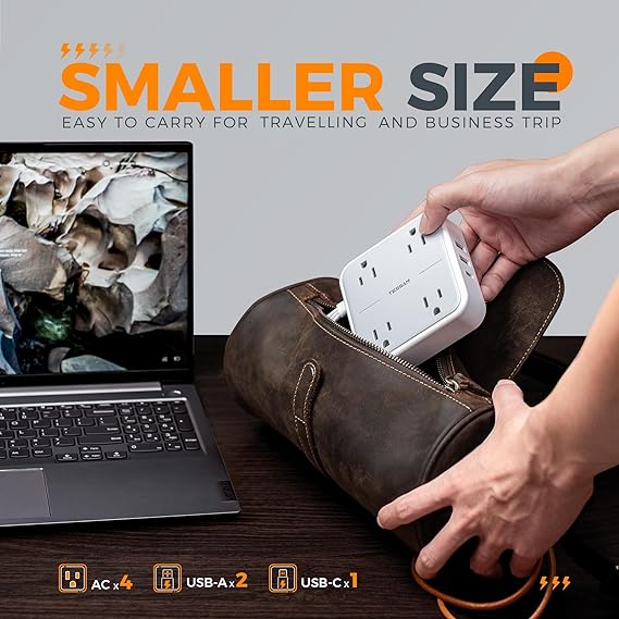 TESSAN Extension Electrica Enchufe Plano con Protector de sobretensión, Regleta Multicontacto Conector con 4 Salidas CA y 3 USB(1 USB C), Extensión Plana 1.5M para Hogar Oficina Dorm Travel Essentials