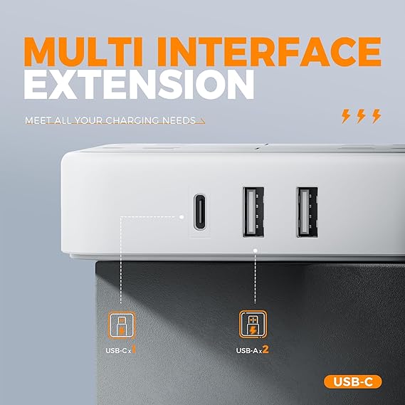 TESSAN Extension Electrica Enchufe Plano con Protector de sobretensión, Regleta Multicontacto Conector con 4 Salidas CA y 3 USB(1 USB C), Extensión Plana 1.5M para Hogar Oficina Dorm Travel Essentials