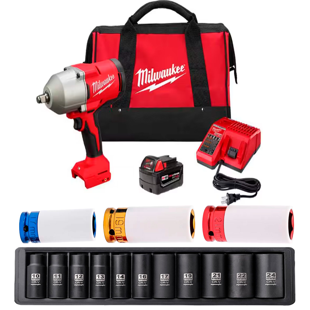 Llave De Impacto Milwaukee 1/2 Batería + Dados + Cargador 800 ft-lbs Par Alto