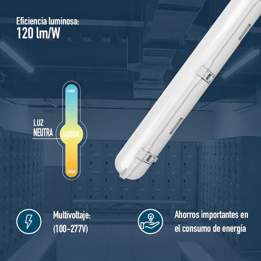 Luminario Led con Gabinete Integrado 40W Luz Neutra, A prueba de humedad IP65 120 cm Largo