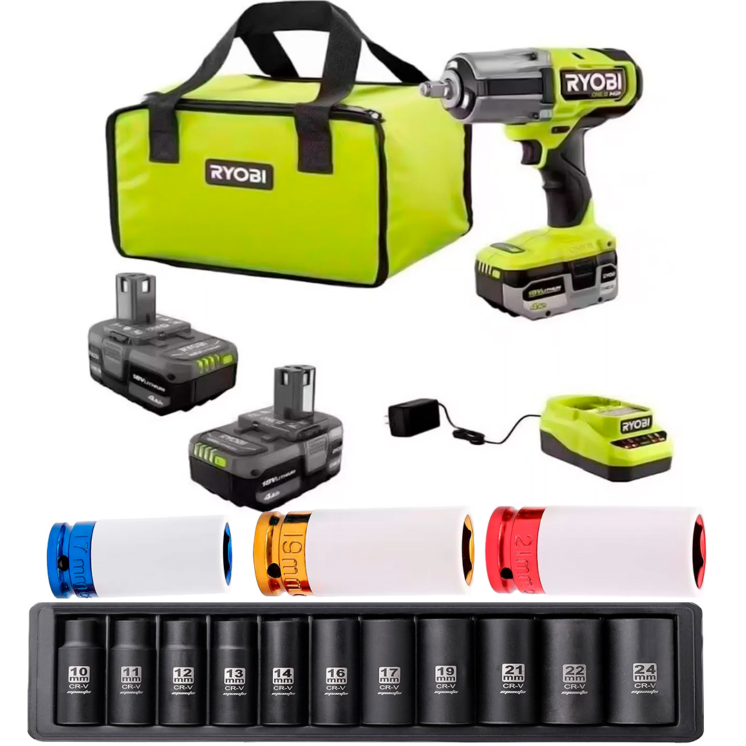 Llave De Impacto 1/2 Ryobi 1170 Ft-lbs Tecnología One Hp + 2 Baterias + Dados + Cargador