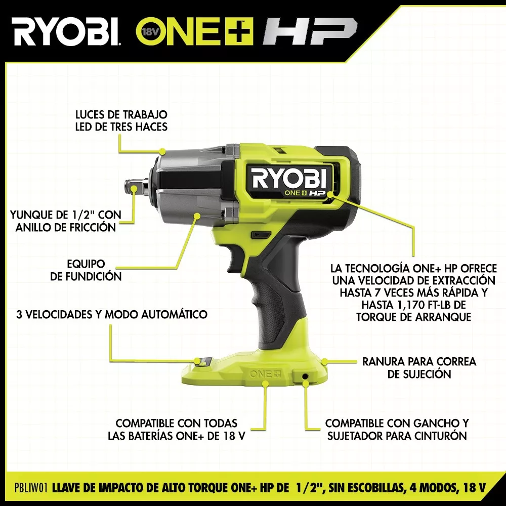 Llave De Impacto 1/2 Ryobi 1170 Ft-lbs Tecnología One Hp + 2 Baterias + Dados + Cargador