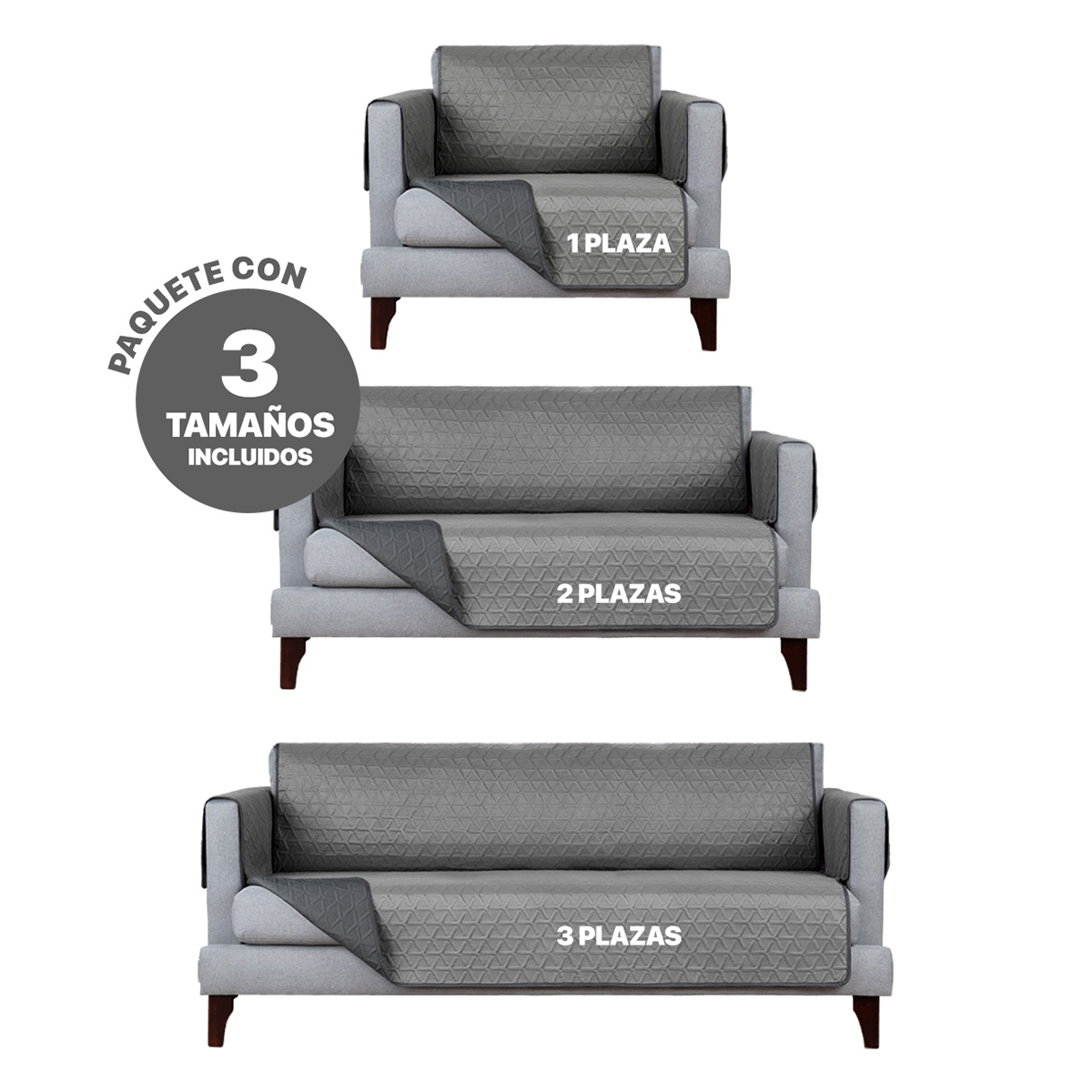 Protector Cubre Sala Doble Vista - 3 Pzas - Gris / Gris Oxford REAL TEXTIL
