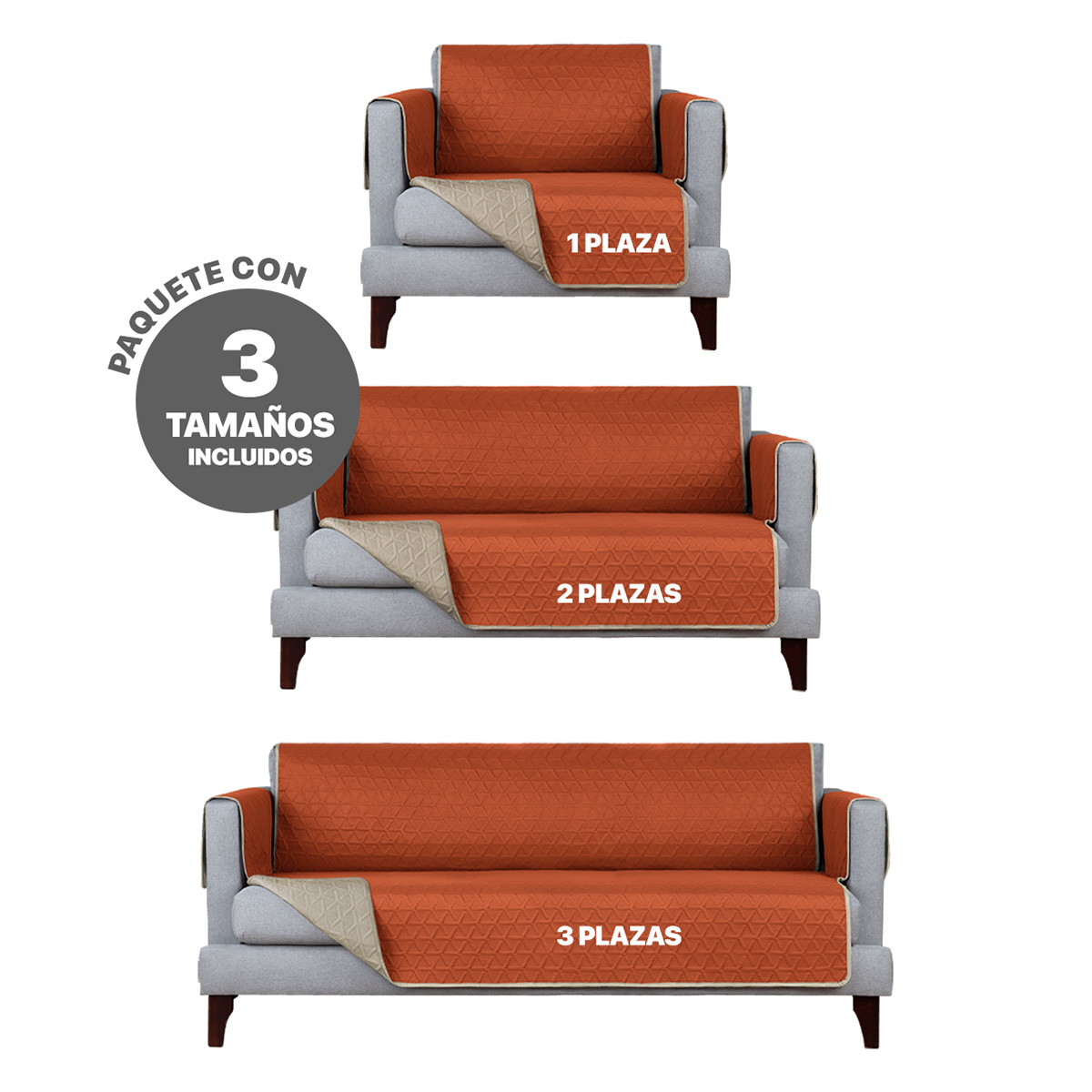 Protector Cubre Sala Doble Vista - 3 Pzas - Naranja / Khaki REAL TEXTIL.