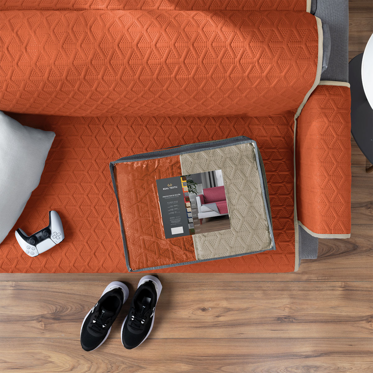 Protector Cubre Sala Doble Vista - 3 Pzas - Naranja / Khaki REAL TEXTIL.