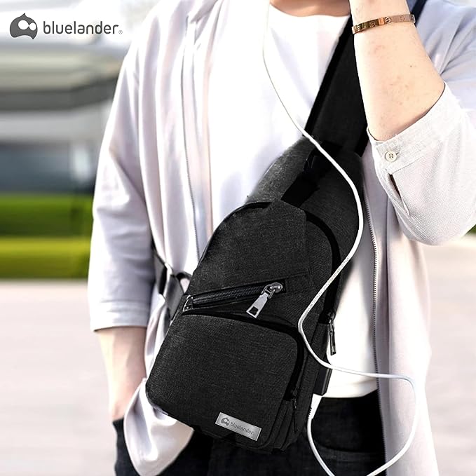 Bluelander Mochila Cruzada Antirrobo Impermeable, Bolso de Pecho para Hombre, Bolso Bandolera con Puerto de Carga USB, Perfecta para Celular, Tablets, Actividades como Deportes, Compras