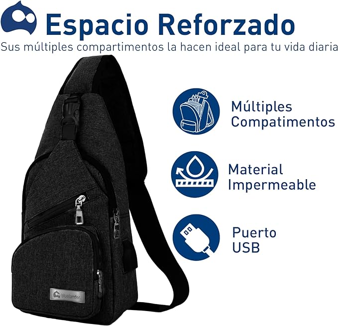 Bluelander Mochila Cruzada Antirrobo Impermeable, Bolso de Pecho para Hombre, Bolso Bandolera con Puerto de Carga USB, Perfecta para Celular, Tablets, Actividades como Deportes, Compras