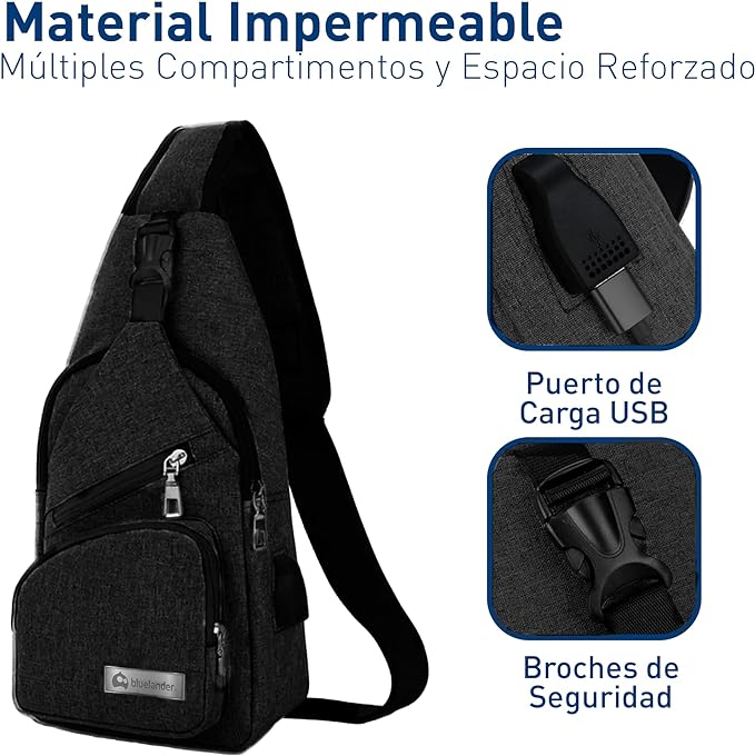 Bluelander Mochila Cruzada Antirrobo Impermeable, Bolso de Pecho para Hombre, Bolso Bandolera con Puerto de Carga USB, Perfecta para Celular, Tablets, Actividades como Deportes, Compras