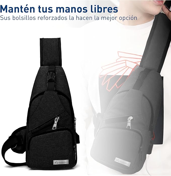 Bluelander Mochila Cruzada Antirrobo Impermeable, Bolso de Pecho para Hombre, Bolso Bandolera con Puerto de Carga USB, Perfecta para Celular, Tablets, Actividades como Deportes, Compras