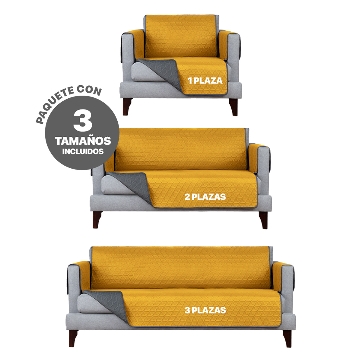 Protector Cubre Sala Doble Vista - 3 Pzas - Amarillo / Gris REAL TEXTIL.