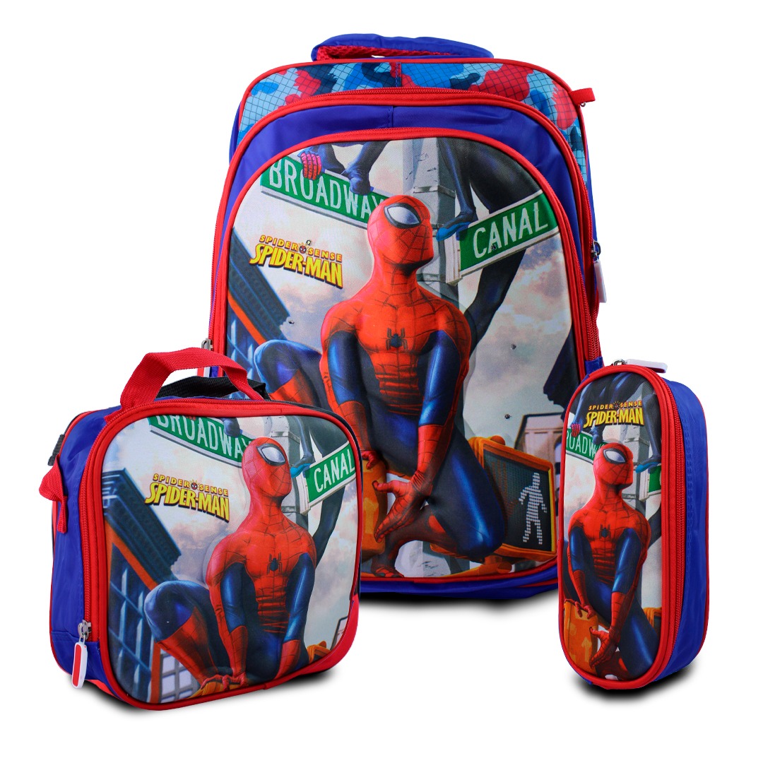  Kit Escolar Mochila Azul Lonchera Y Lapicera De Spider Men Para Niños