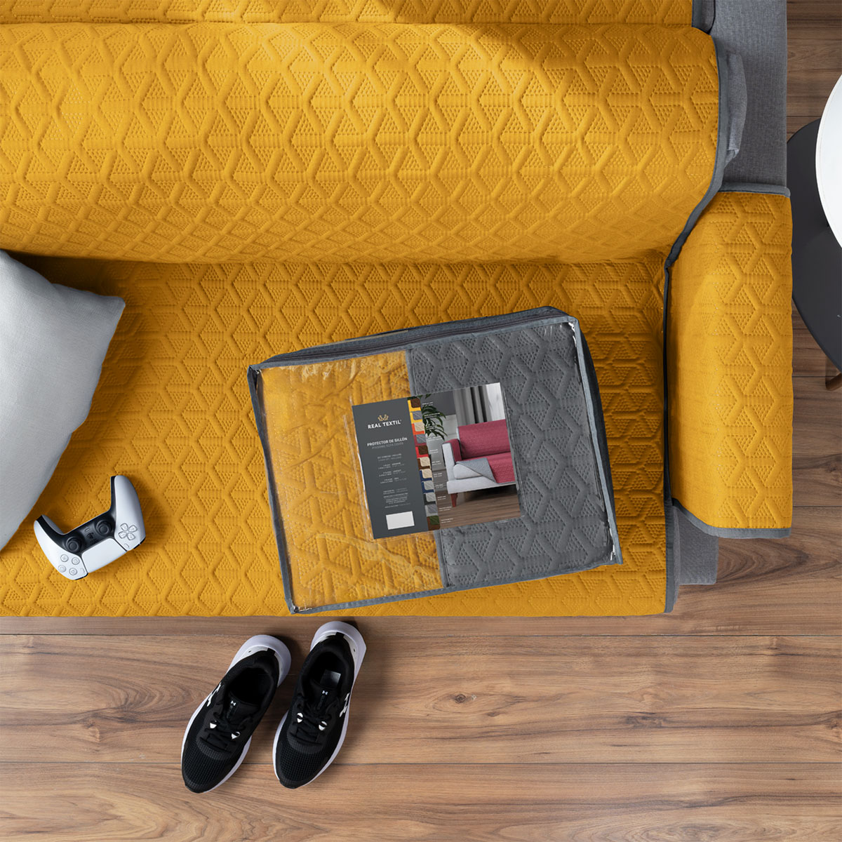 Protector Cubre Sala Doble Vista - 3 Pzas - Amarillo / Gris REAL TEXTIL.