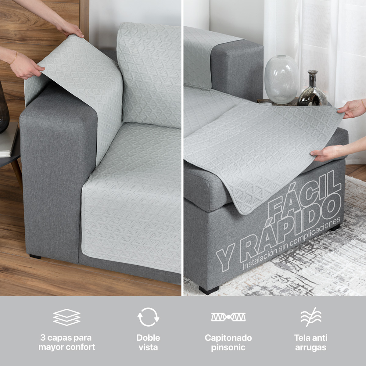 Protector Cubre Sala Funda Sofá En Forma De L Gris claro REAL TEXTIL