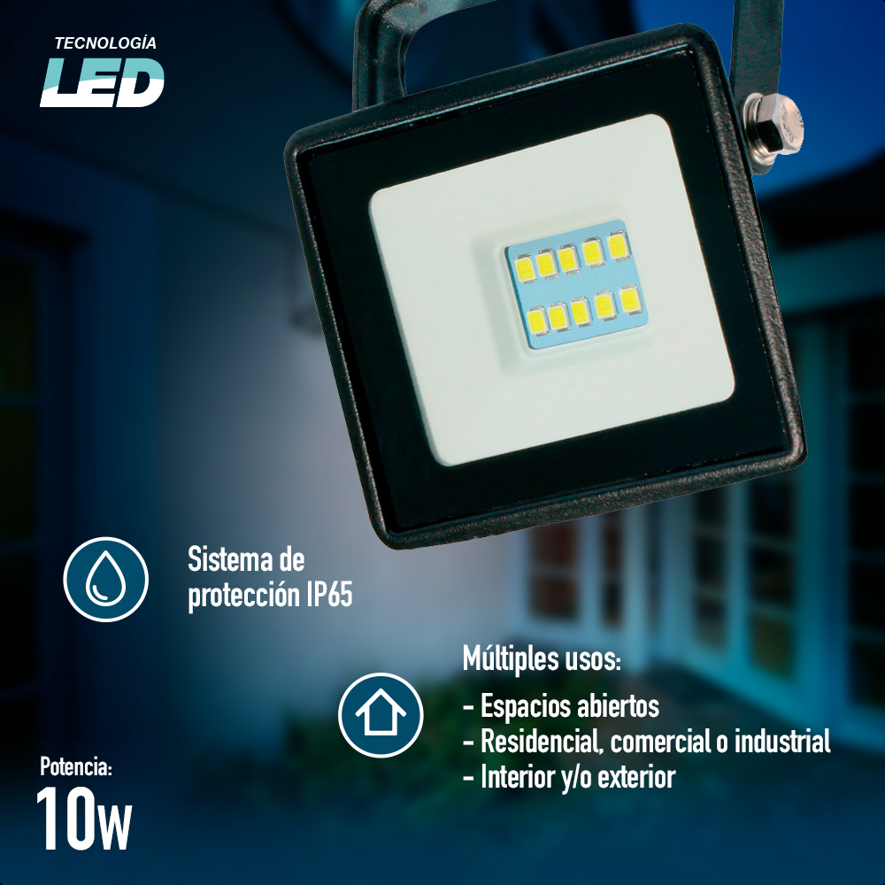 Reflector LED 10W Ilumina 110 lm/w, Luz Neutra, Certificación IP65 para Exteriores