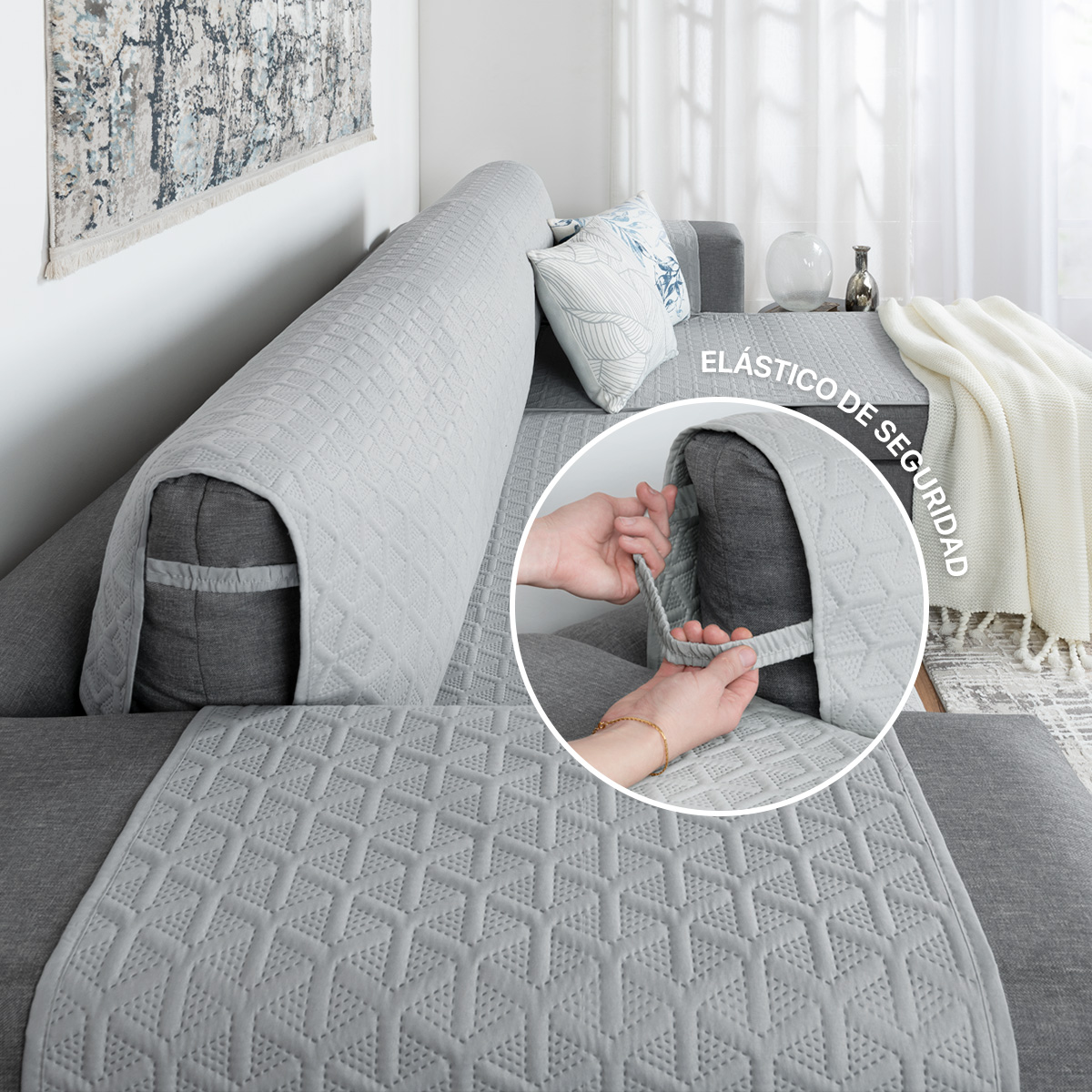 Protector Cubre Sala Funda Sofá En Forma De L Gris claro REAL TEXTIL