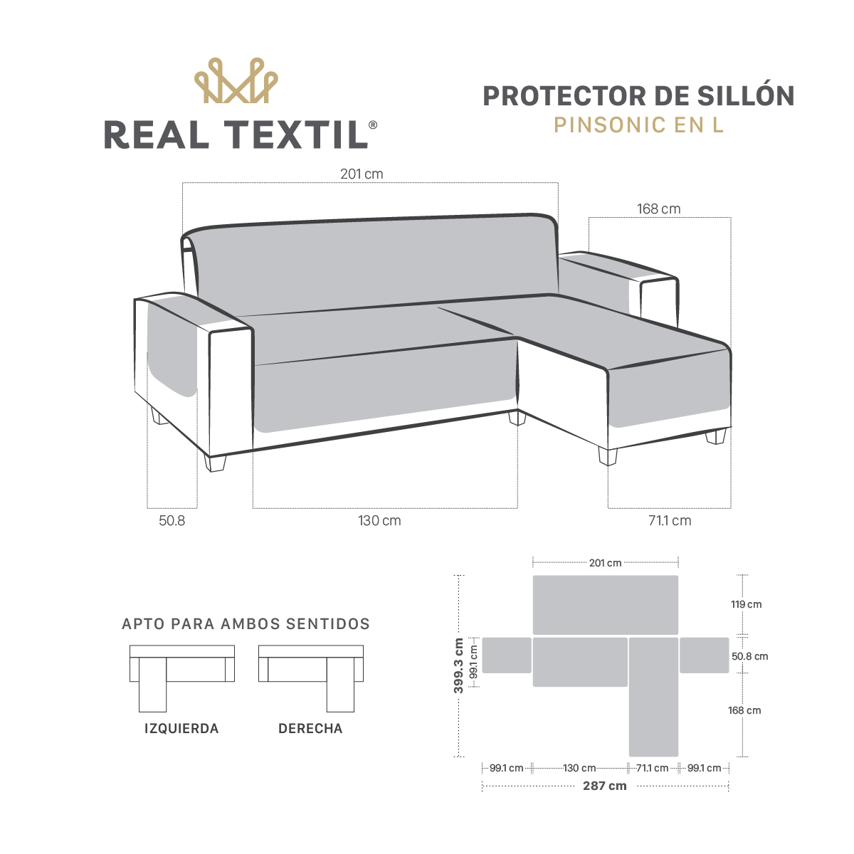 Protector Cubre Sala Funda Sofá En Forma De L Gris claro REAL TEXTIL