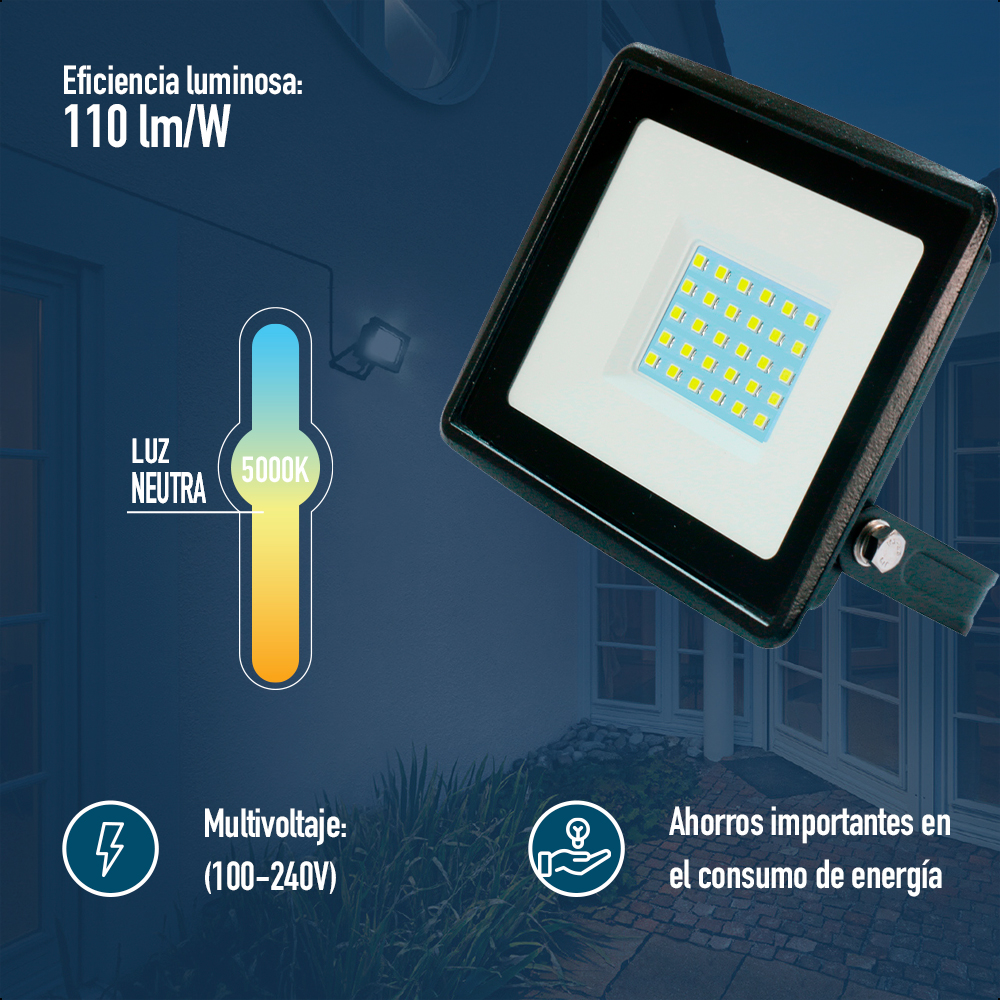 ICON Reflector LED 30W Ilumina 330 lm/w, Luz Neutra, Certificación IP65 para Interiores y Exteriores