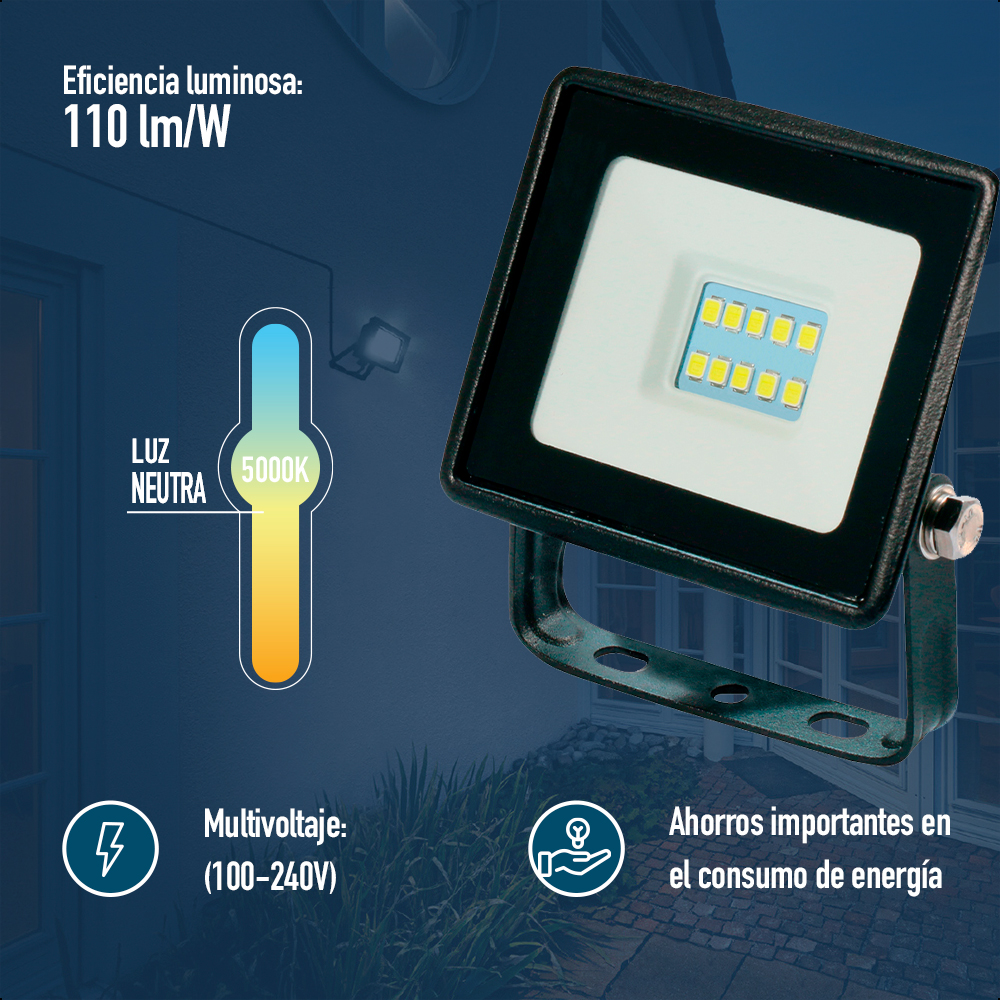 Reflector LED 10W Ilumina 110 lm/w, Luz Neutra, Certificación IP65 para Exteriores