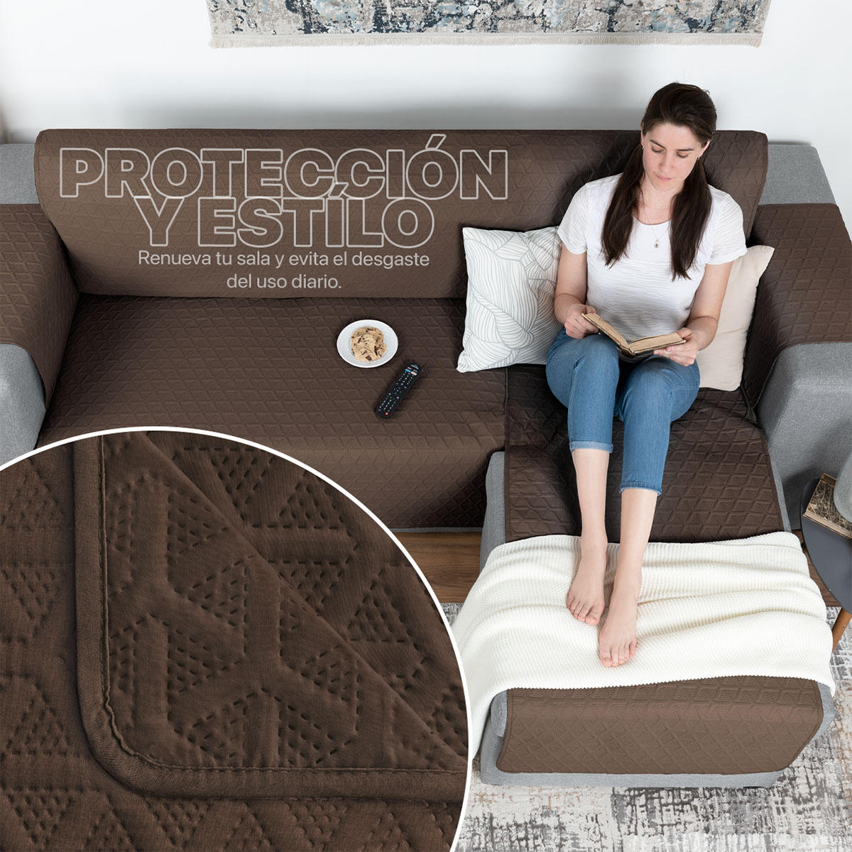 Protector Cubre Sala Funda Sofá En Forma De L Café REAL TEXTIL