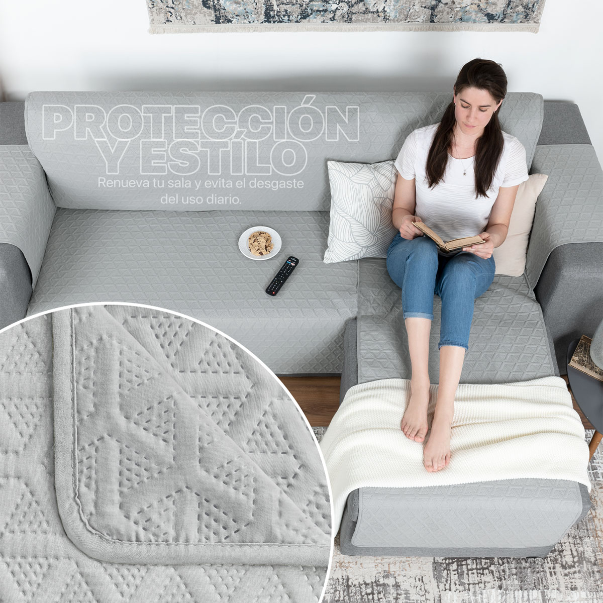 Protector Cubre Sala Funda Sofá En Forma De L Gris claro REAL TEXTIL