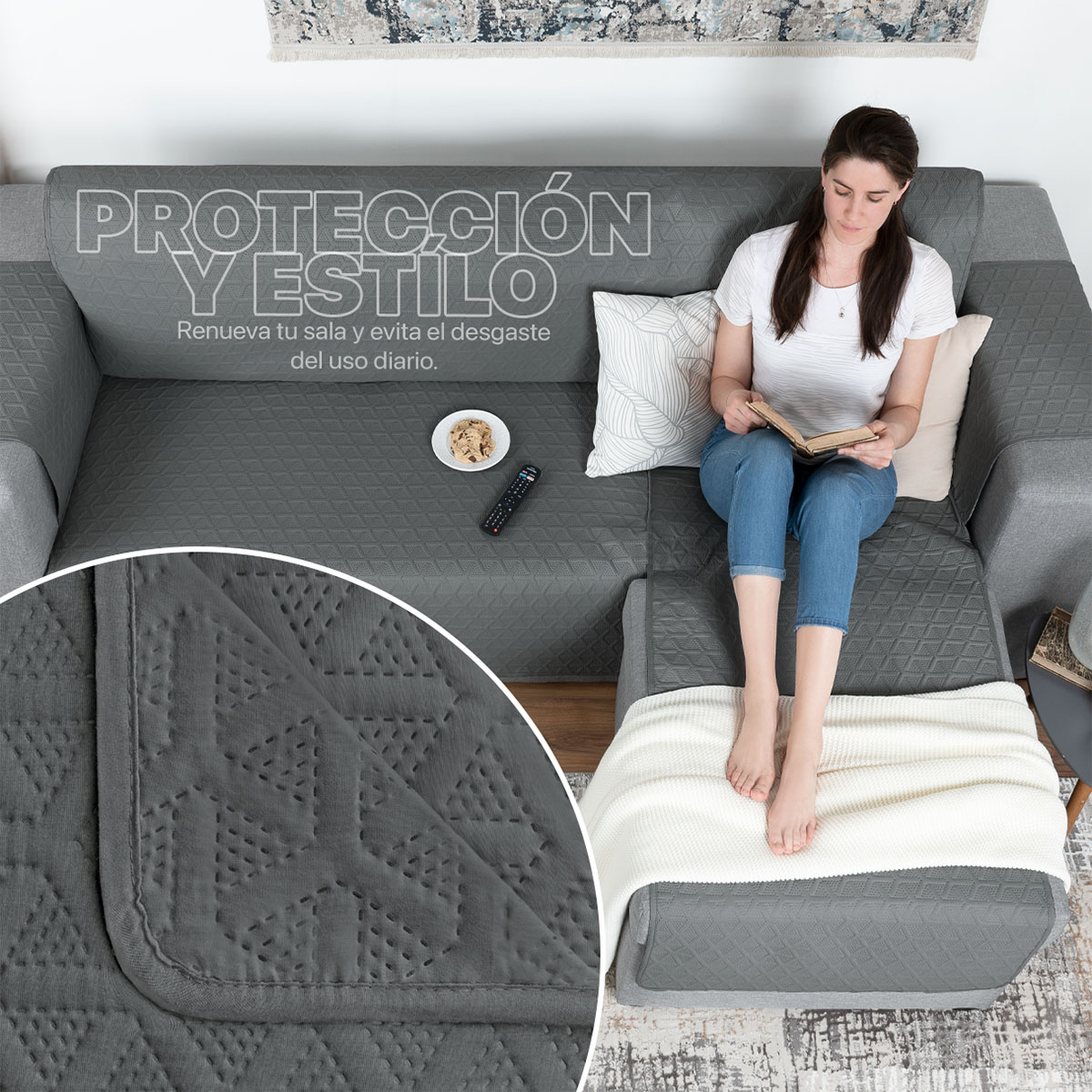 Protector Cubre Sala Funda Sofá En Forma De L Gris oscuro REAL TEXTIL.