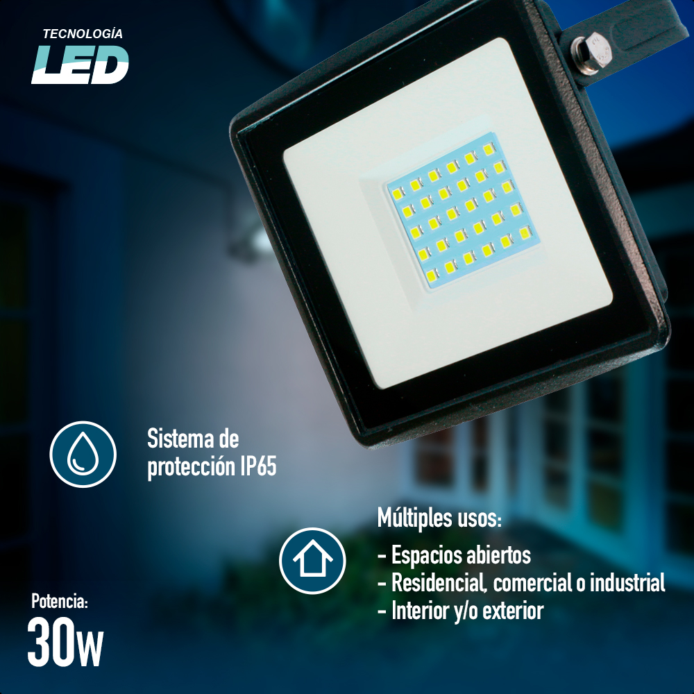 ICON Reflector LED 30W Ilumina 330 lm/w, Luz Neutra, Certificación IP65 para Interiores y Exteriores